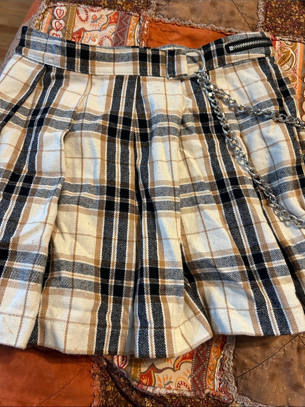 Forever 21 Tan Black Cream Plaid Mini Skirt with  chain Waistband Detail
